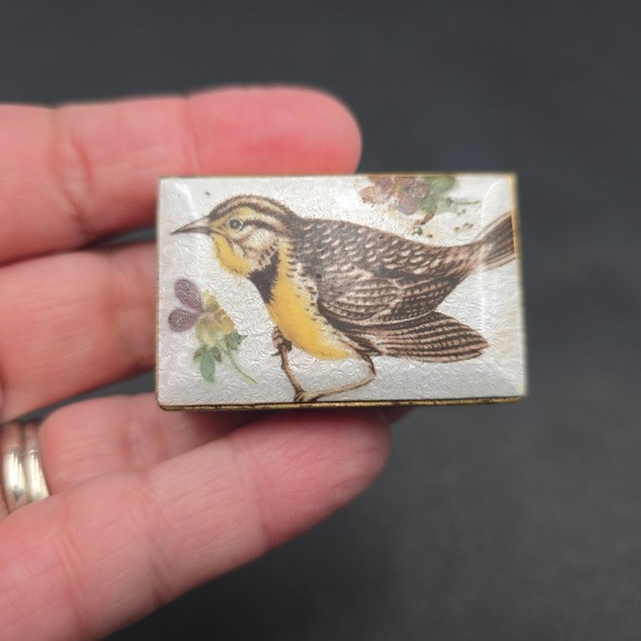 Unbranded Other - Vintage Brass Guilloche Enamel Meadowlark Bird Matchbox Cover with Matches